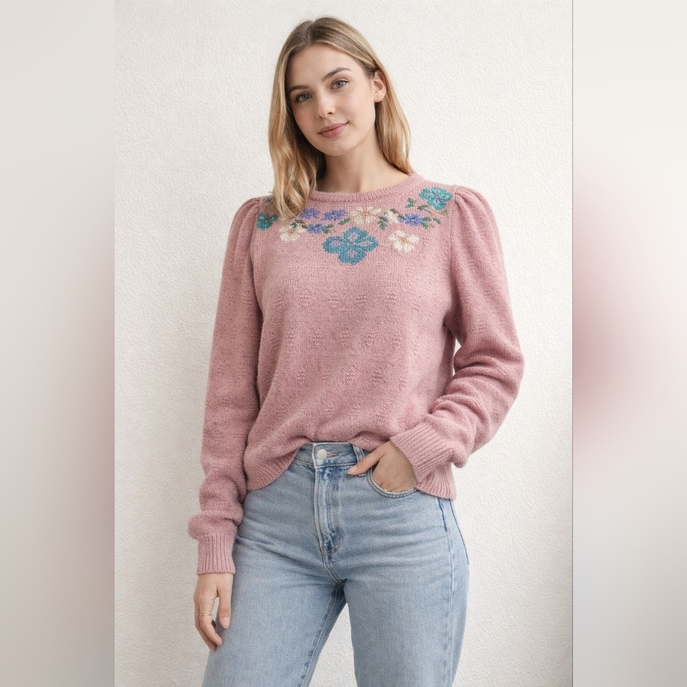 Vtg Archie Brown Pink Knit Floral Butterfly Puff Sleeve Sweater Cottagecore Sz M